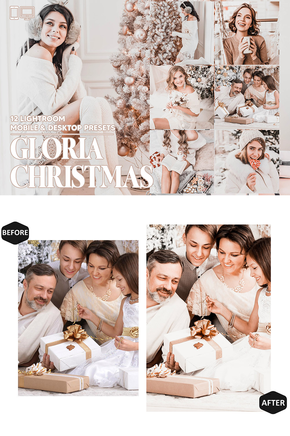 12 Gloria Christmas Lightroom Presets, White Mobile Preset, Holiday Desktop LR Lifestyle DNG Instagram Xmas Filter Theme Portrait Season pinterest preview image.