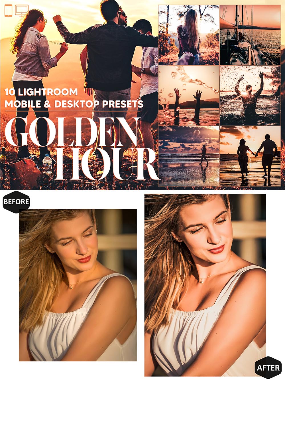 10 Golden Hour Lightroom Presets, Sunset Mobile Preset pinterest preview image.