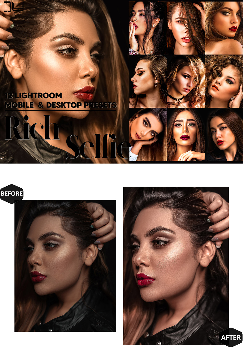 12 Rich Selfie Lightroom Presets, Moody Mobile Editing, Lux Desktop LR Filter DNG Influencer Insta Theme, Glamour Hue, Blogger CC pinterest preview image.