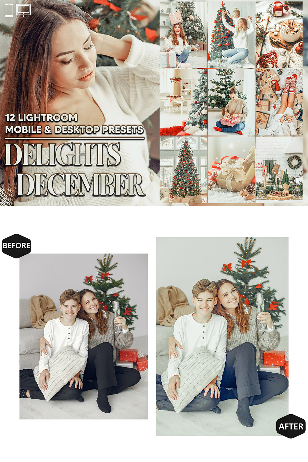 12 Delights December Lightroom Presets, Christmas Mobile Preset, White Xmas Desktop LR Filter Scheme Lifestyle Theme For Portrait, Instagram pinterest preview image.