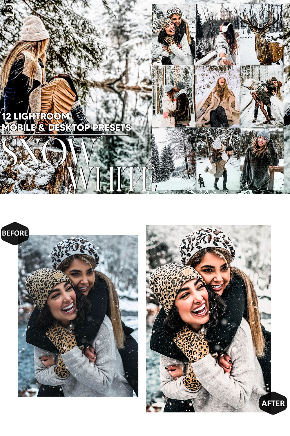 12 Snow White Lightroom Presets, Clean Mobile Editing, Cozy Winter Desktop LR Filter DNG Influencer Instagram Theme, White Hue, Blogger CC pinterest preview image.