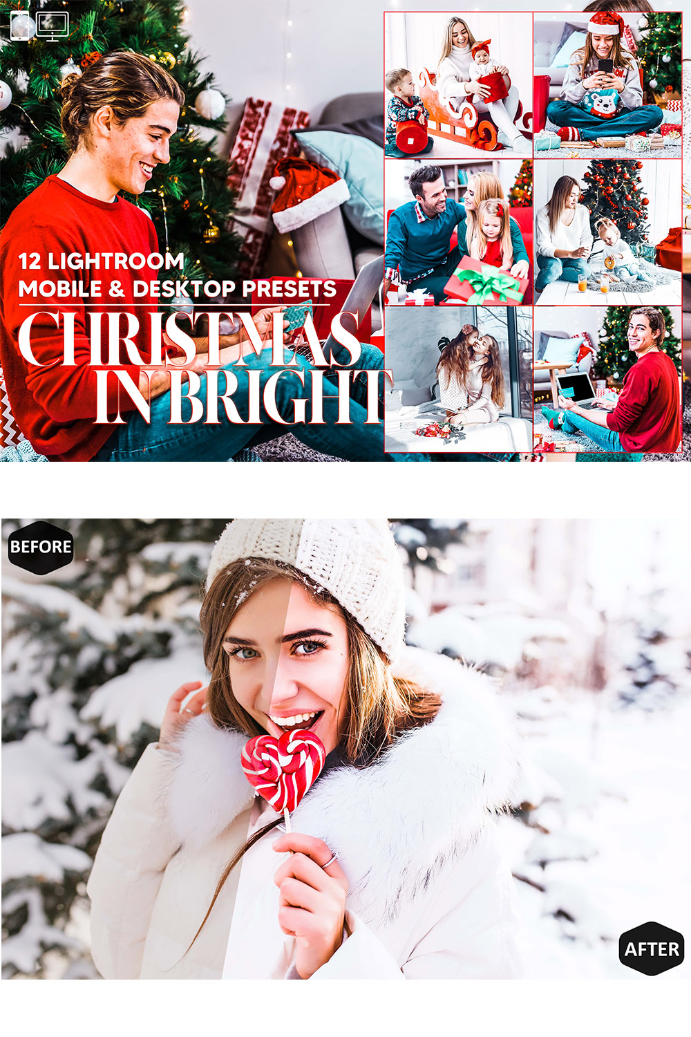 12 Christmas In Bright Lightroom Presets, Xmas Mobile Preset, Holiday Desktop, Lifestyle Theme For Instagram Blogger LR Filter DNG Portrait pinterest preview image.