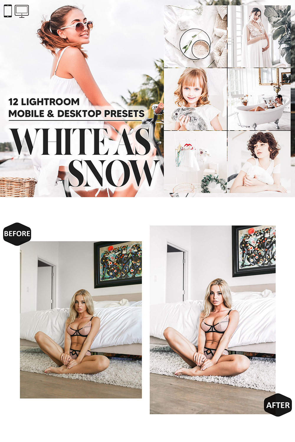 12 White As Snow Lightroom Presets, Bright Mobile Preset, Airy Desktop, Lifestyle LR Filter DNG Portrait, And Blogger Theme For Instagram pinterest preview image.