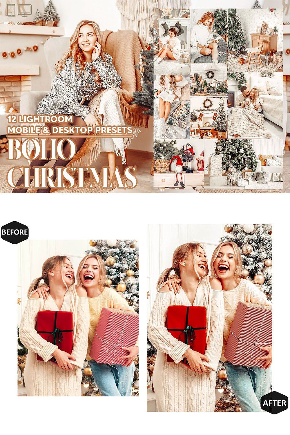 12 Boho Christmas Lightroom Presets, Xmas Bohamian Mobile Preset, Holiday Desktop LR Filter Lifestyle Theme For Blogger Portrait Instagram pinterest preview image.