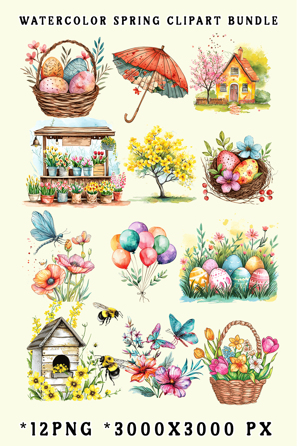 Watercolor Spring Clipart Bundle pinterest preview image.