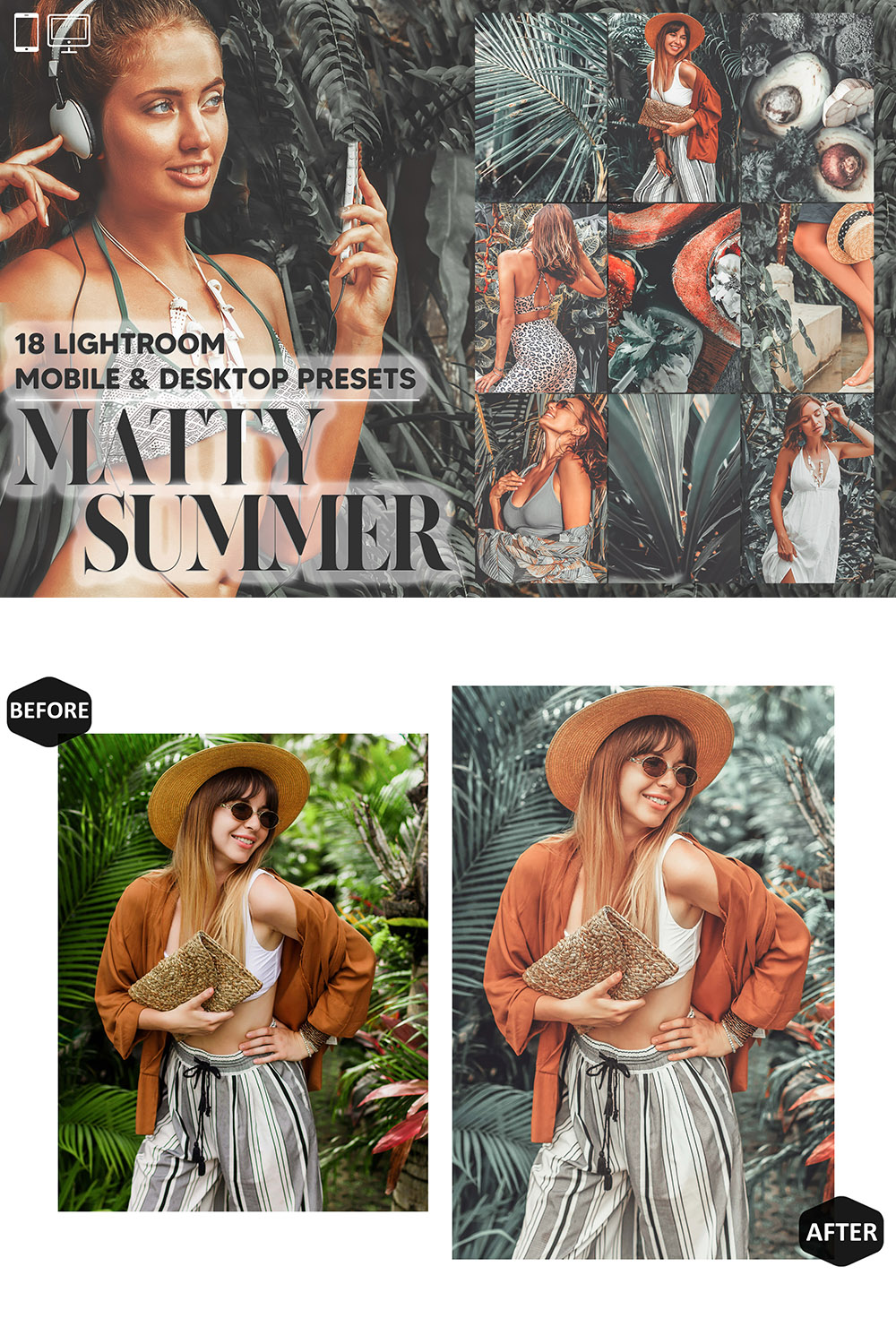 18 Matty Summer Lightroom Presets, Green Avocado Mobile Preset, Tropical Forest Desktop Lifestyle Portrait Theme For Instagram LR Filter DNG pinterest preview image.