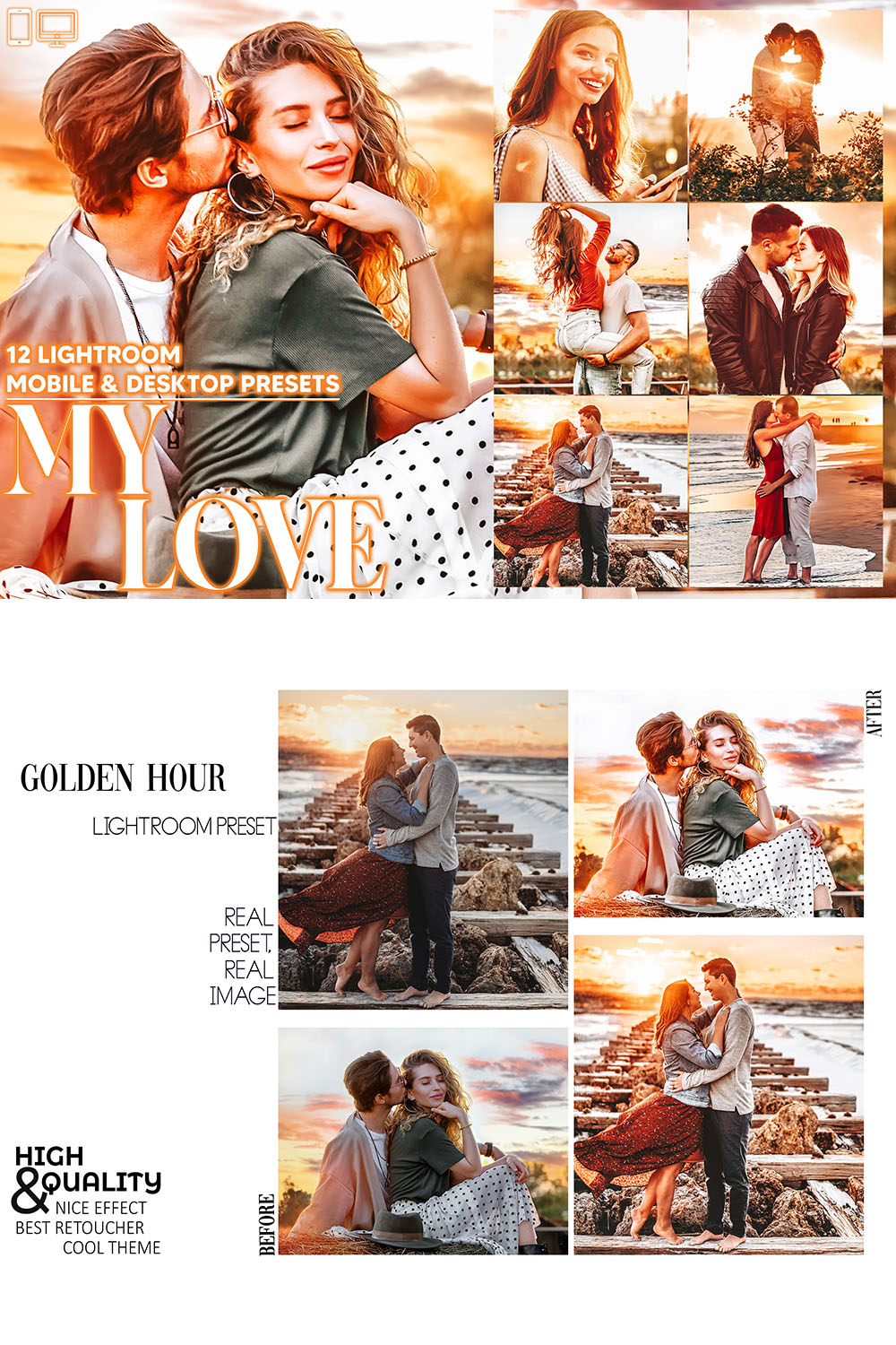 12 My Love Lightroom Presets, Golden Hour Mobile Preset, Romance Desktop, Blogger And Lifestyle Theme Instagram LR Filter DNG Portrait Warm pinterest preview image.