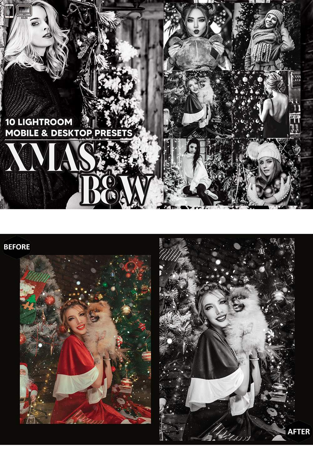 10 Xmas B&W Lightroom Presets, Black & White Christmas Mobile Preset, Winter Desktop, Lifestyle Portrait Theme For Instagram LR Filter DNG pinterest preview image.