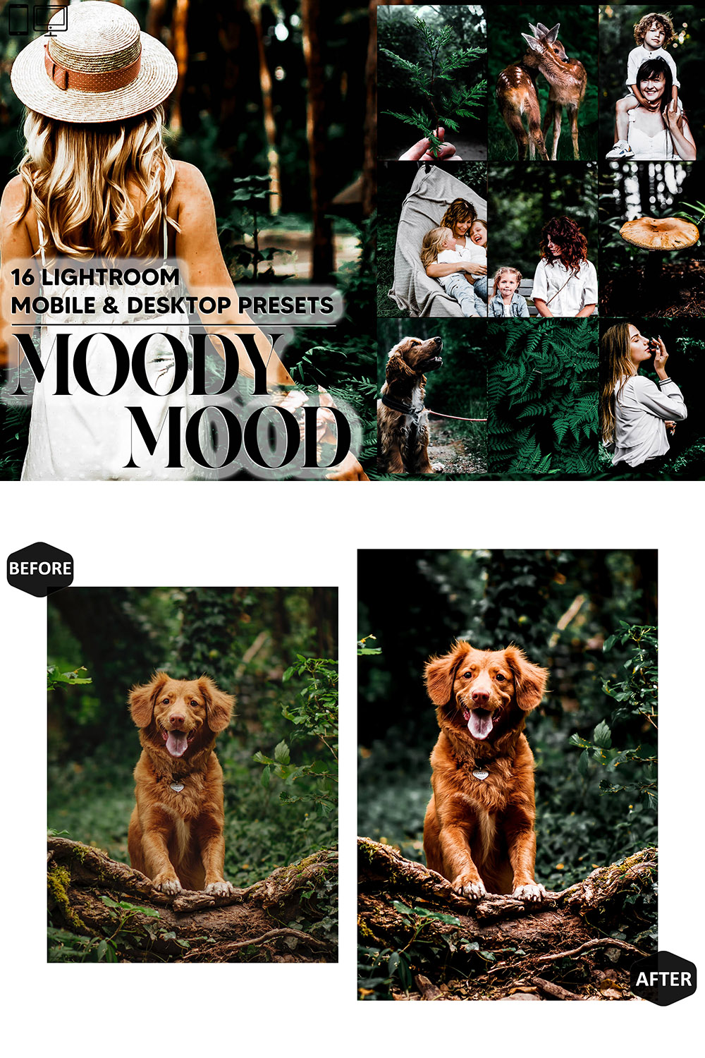 16 Moody Mood Lightroom Presets, Tropical Mobile Preset, Forest Dark Desktop LR Lifestyle DNG Instagram Filter Theme Portrait pinterest preview image.