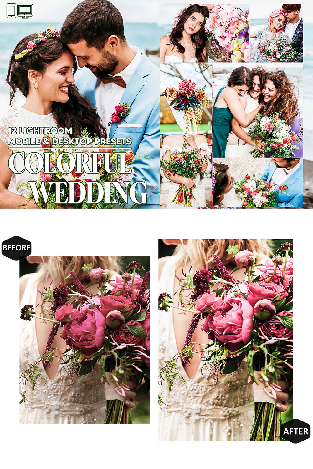12 Colorful Wedding Lightroom Presets, Bright Mobile Preset, Vibrant Desktop LR Lifestyle DNG Instagram Vivid Filter Theme Portrait Season Summer pinterest preview image.