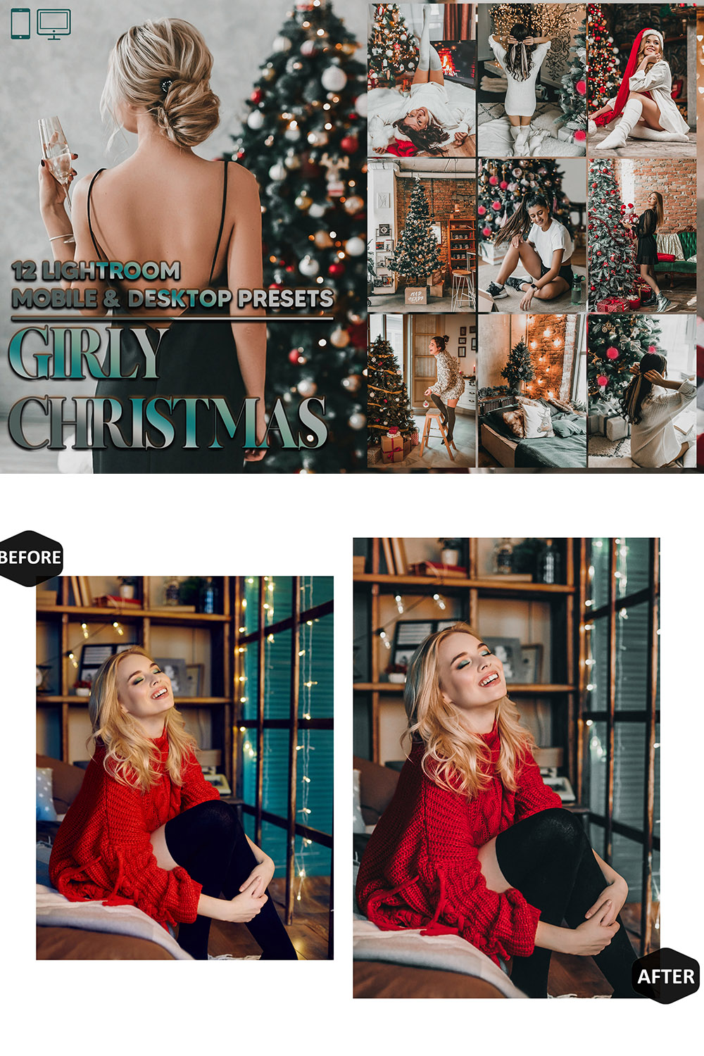 12 Girly Christmas Lightroom Presets, Holiday Mobile Preset, December Xmas Desktop LR Filter Scheme Lifestyle Theme For Portrait, Instagram pinterest preview image.