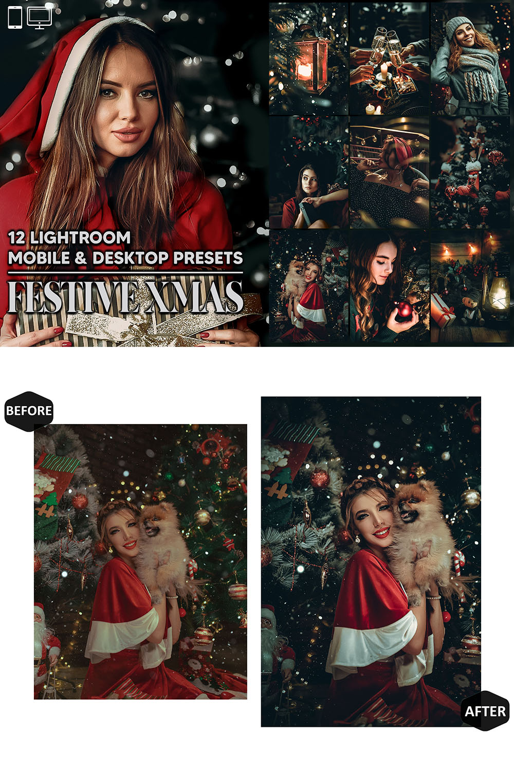 12 Festive Xmas Lightroom Presets, Christmas Mobile Preset, Moody Holiday Desktop LR Filter Scheme Lifestyle Theme For Portrait, Instagram pinterest preview image.
