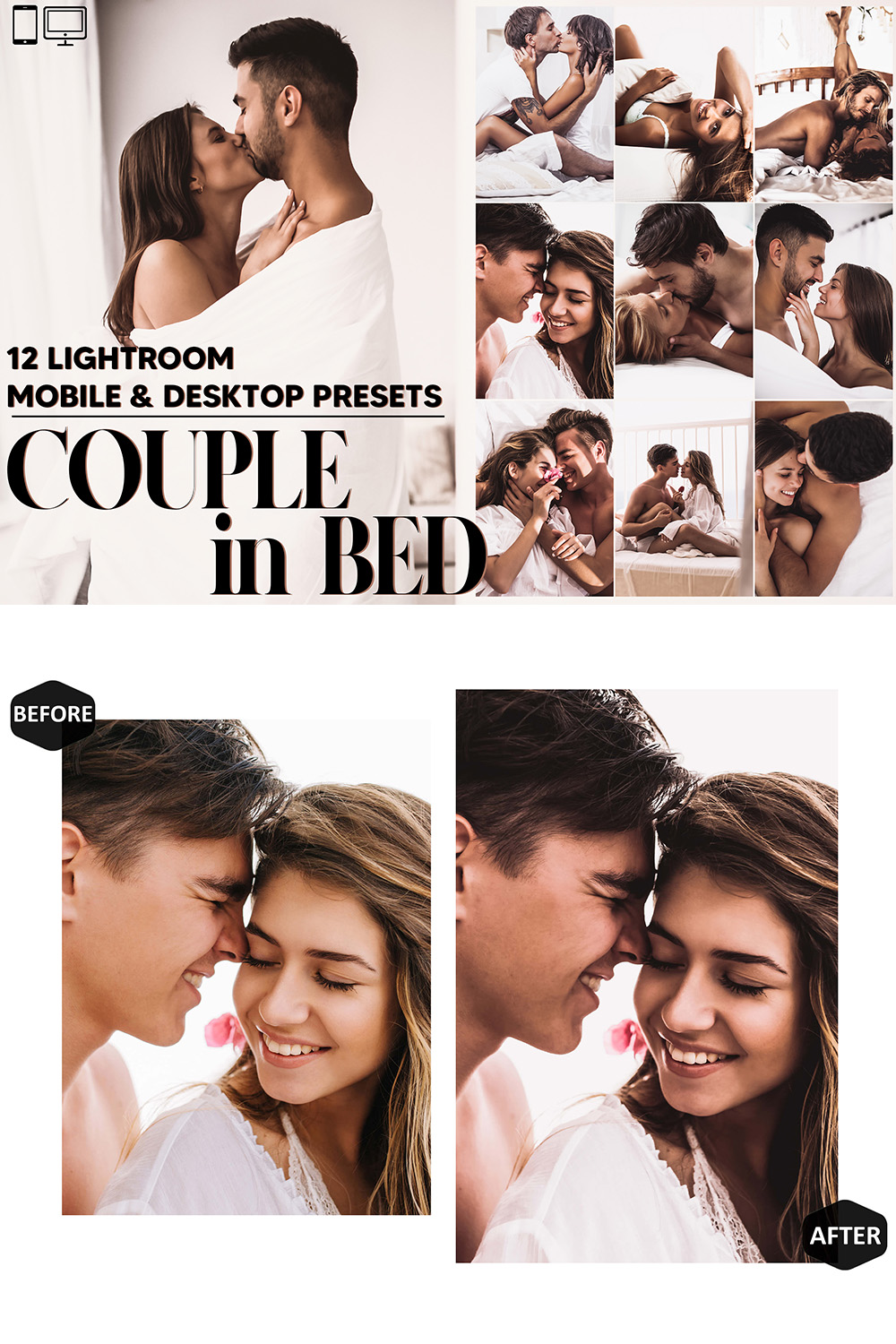 12 Couple in Bed Lightroom Presets, White Mobile Edit, Bright Desktop LR Filter DNG Portrait Instagram Theme, Nude Girls, Blogger CC pinterest preview image.