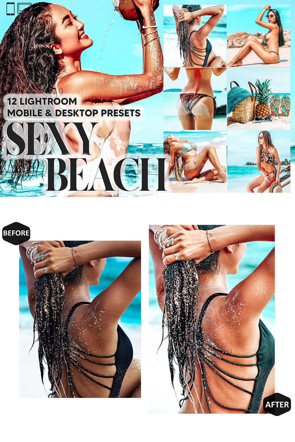 12 Sexy Beach Lightroom Presets, Ocean Mobile Preset, Summer Desktop Lifestyle Portrait Theme For Instagram, LR Filter DNG Maldive Turquoise pinterest preview image.
