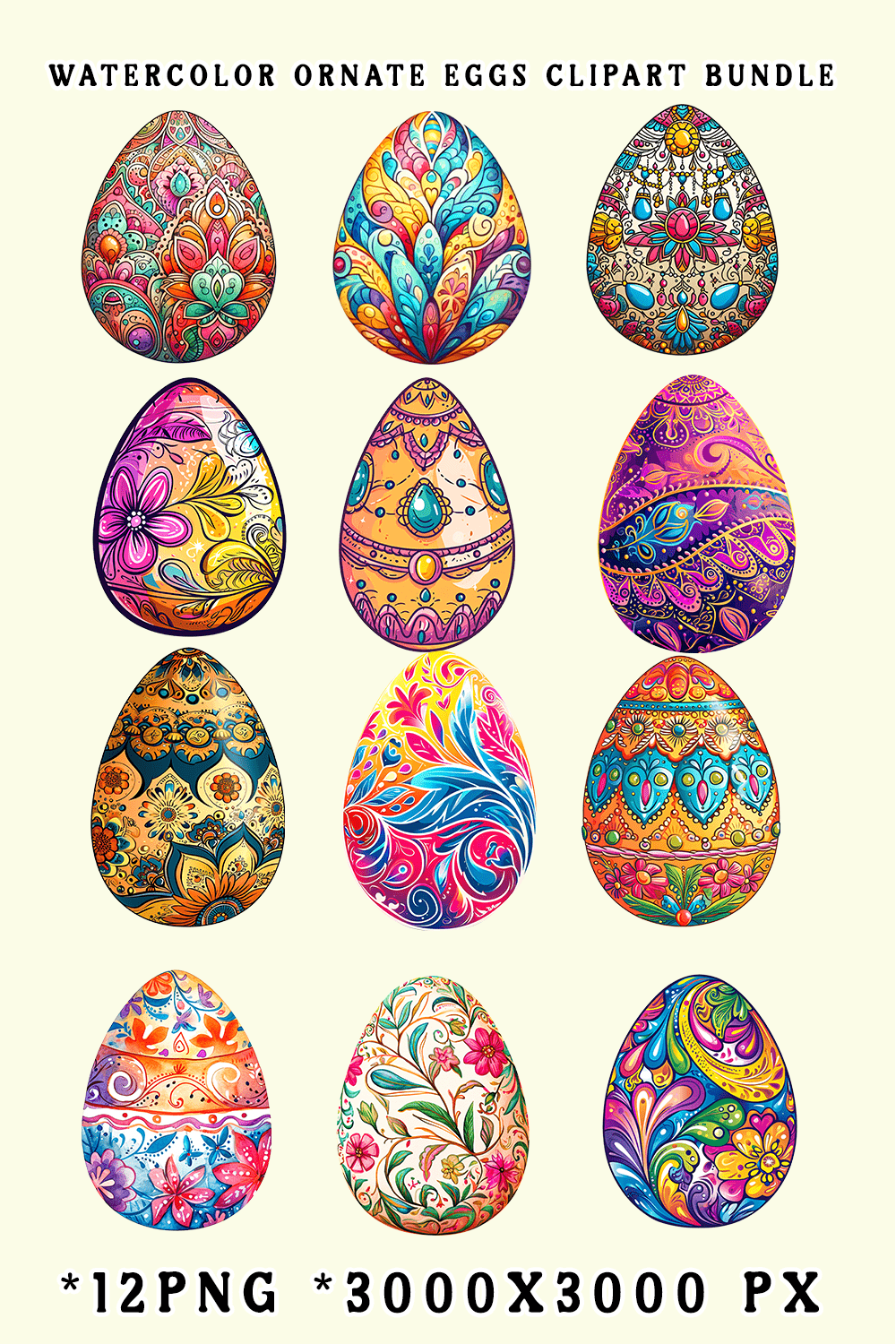 Watercolor Ornate Eggs Clipart Bundle pinterest preview image.