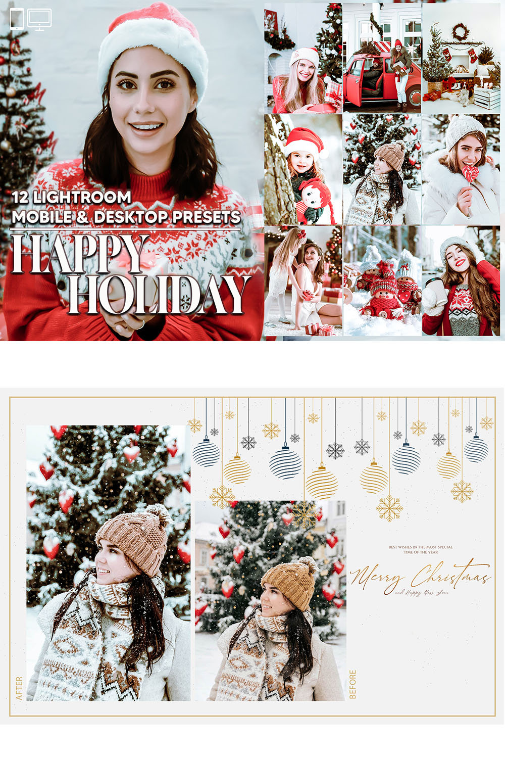 12 Happy Holiday Lightroom Presets, Christmas Mobile Preset, Cold Desktop LR Filter DNG Portrait Instagram Theme For Lifestyle, Scheme pinterest preview image.