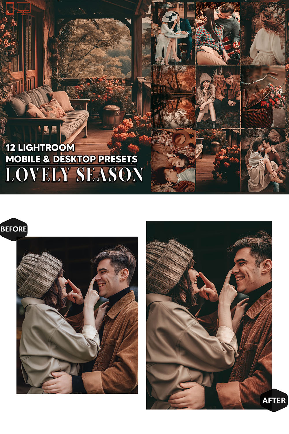 12 Lovely Season Lightroom Presets, Couple Wedding Mobile Preset, Moody Desktop LR Filter Lifestyle Theme For Blogger Portrait Instagram pinterest preview image.