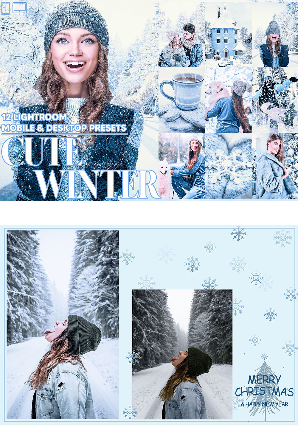 12 Cute Winter Lightroom Presets, Snow Mobile Preset, Christmas Desktop LR Lifestyle DNG Instagram Blue Filter Theme Portrait Season pinterest preview image.