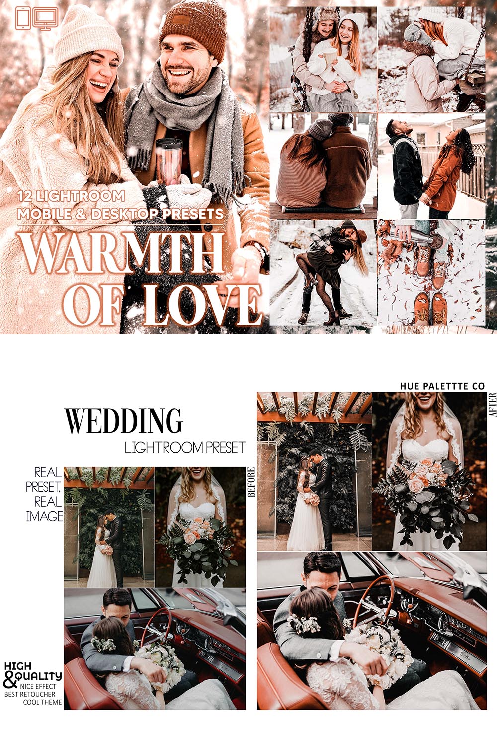 12 Warmth Of Love Lightroom Presets, Romance Mobile Preset, Winter Desktop LR Lifestyle DNG Instagram Kiss Filter Theme Portrait Season pinterest preview image.