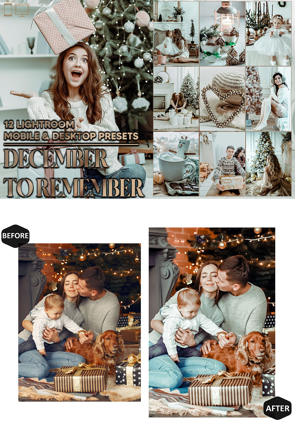 12 December to Remember Lightroom Presets, Brown Xmas Mobile Preset, Christmas Desktop LR Filter Scheme Lifestyle Theme For, Instagram DNG pinterest preview image.