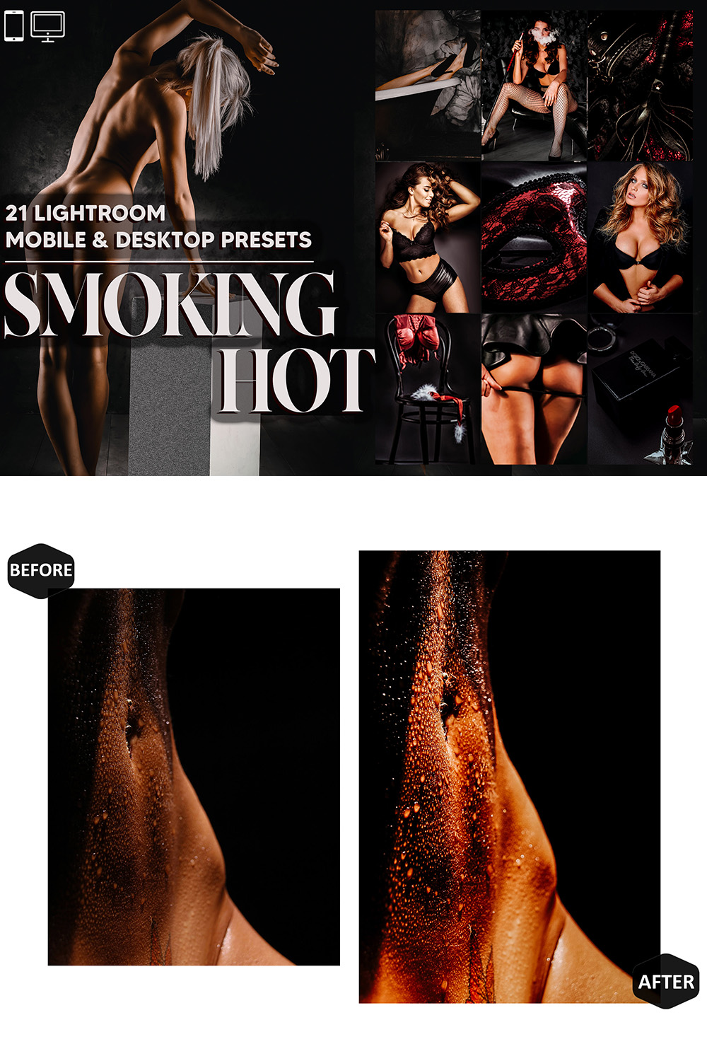 21 Smoking Hot Lightroom Presets, Sexy Sensual Mobile Preset, Boudoir Moody Desktop, Portrait Instagram Theme For Lifestyle LR Filter DNG pinterest preview image.