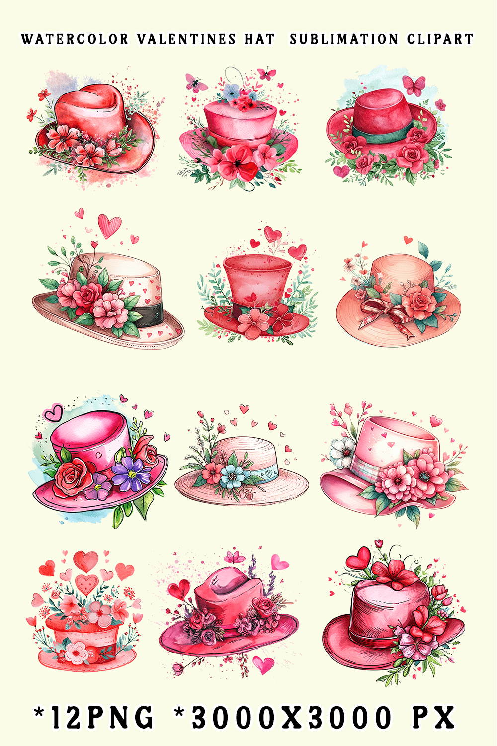 Watercolor Valentines Hat Clipart Bundle pinterest preview image.