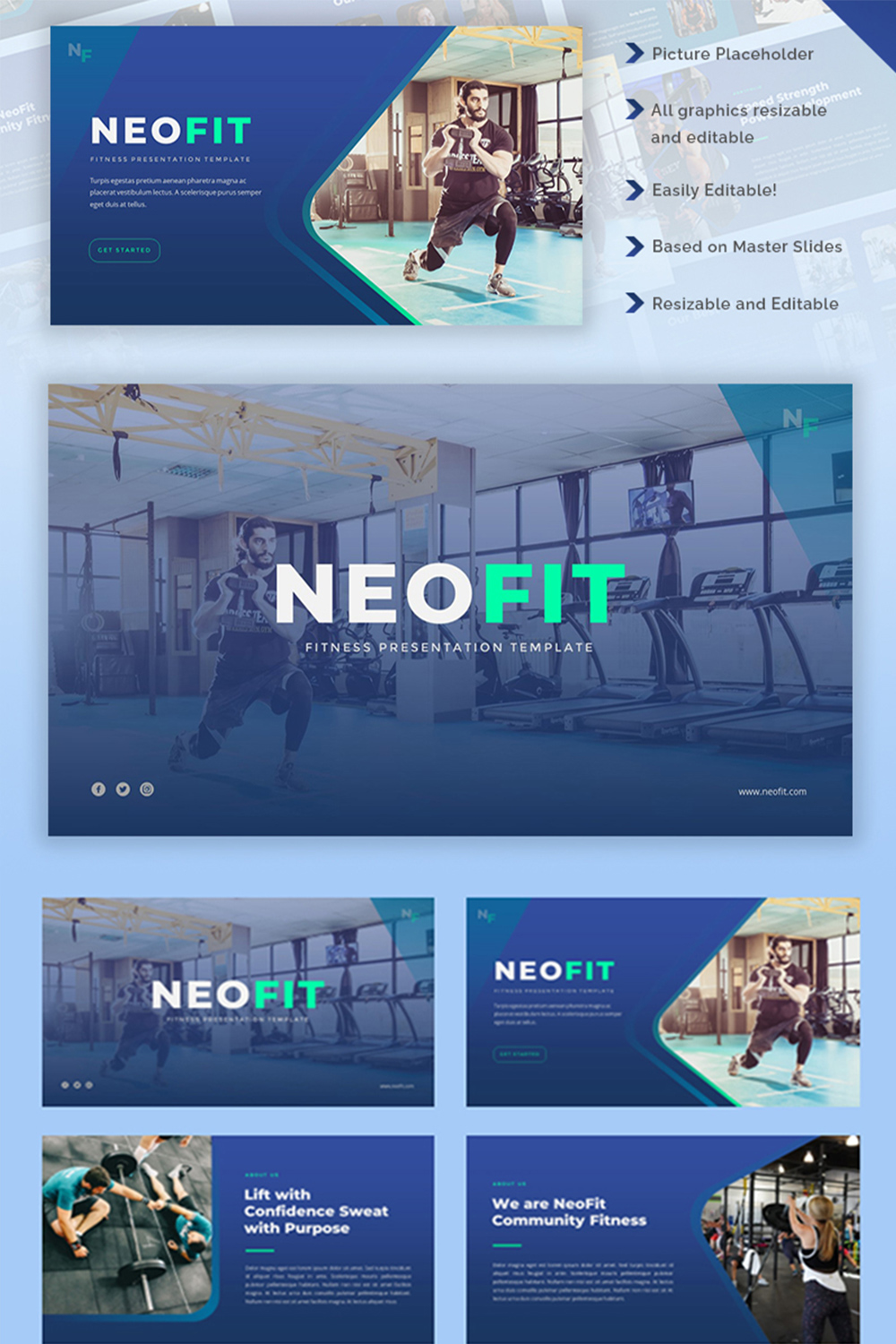 NeoFit-Fitness PowerPoint Template pinterest preview image.