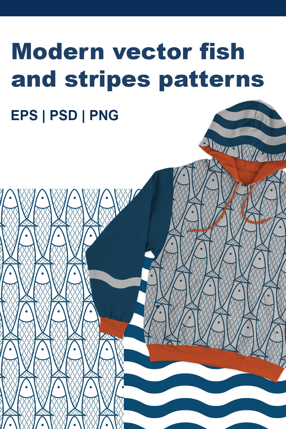 All eyes on your product with this design! Exclusive and modern fish and color striped pattern design for your successful projects! pinterest preview image.