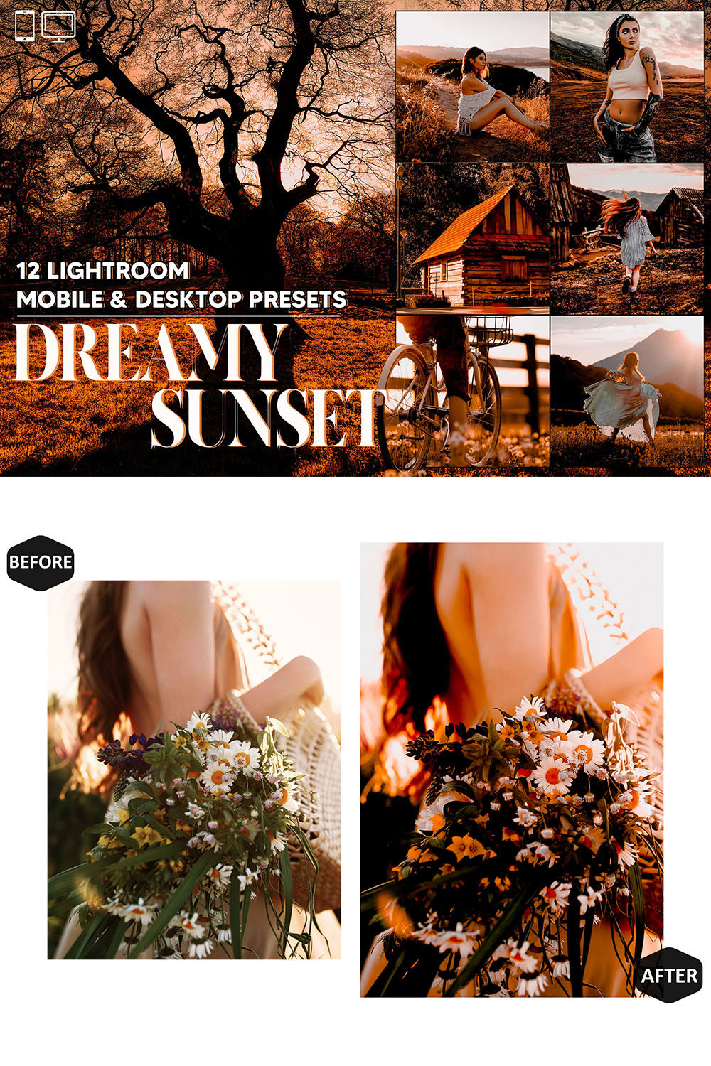 12 Dreamy Sunset Lightroom Presets, Golden Hour Mobile Preset, Moody Orange Desktop LR Filter DNG Portrait Lifestyle Instagram Blogger For pinterest preview image.