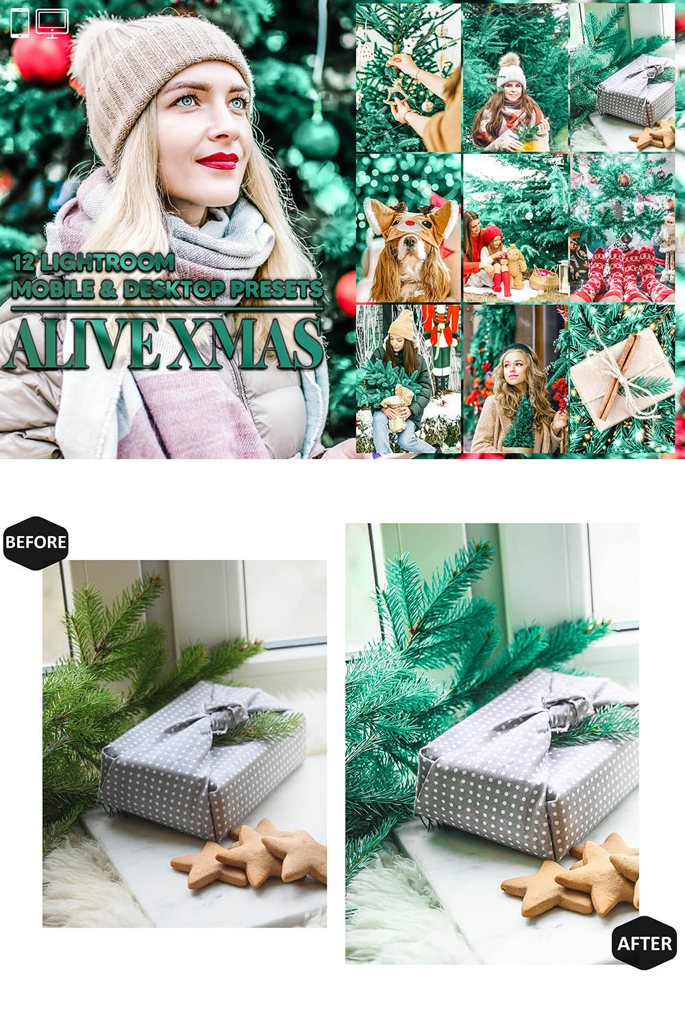 12 Alive Xmas Lightroom Presets, Christmas Mobile Preset, December Holiday Desktop LR Filter Scheme Lifestyle Theme For Portrait, Instagram pinterest preview image.