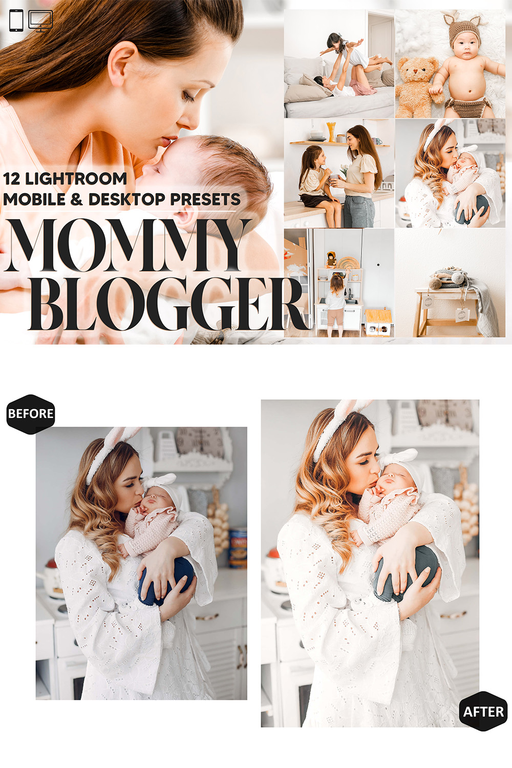 12 Mommy Blogger Lightroom Presets, Motherhood Mobile Preset, Mother Kids Desktop, Mom Lifestyle Theme For Instagram Portrait, LR Filter DNG pinterest preview image.