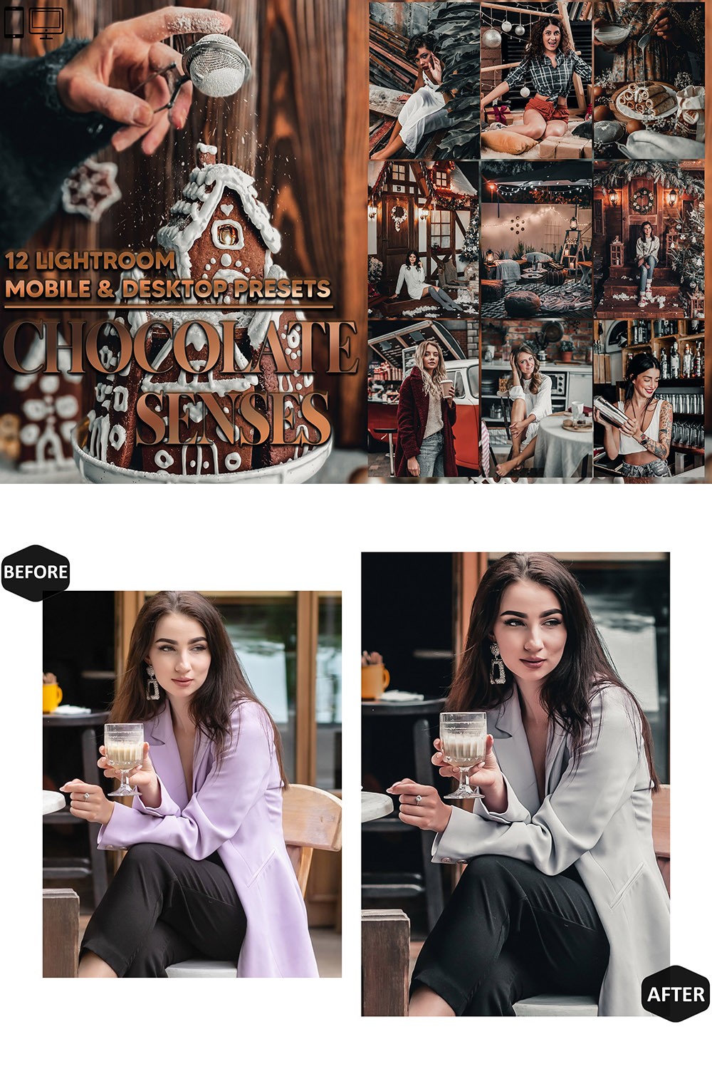 12 Chocolate Senses Lightroom Presets, Brown Mobile Preset, Feminine Desktop LR Filter DNG Scheme Lifestyle Theme For Portrait, Instagram pinterest preview image.