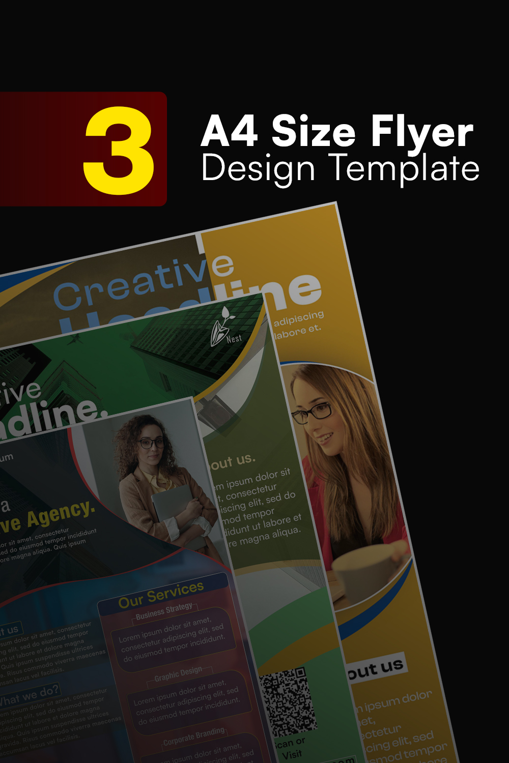 3 - A4 size Flyer Design Template in only 8$ pinterest preview image.