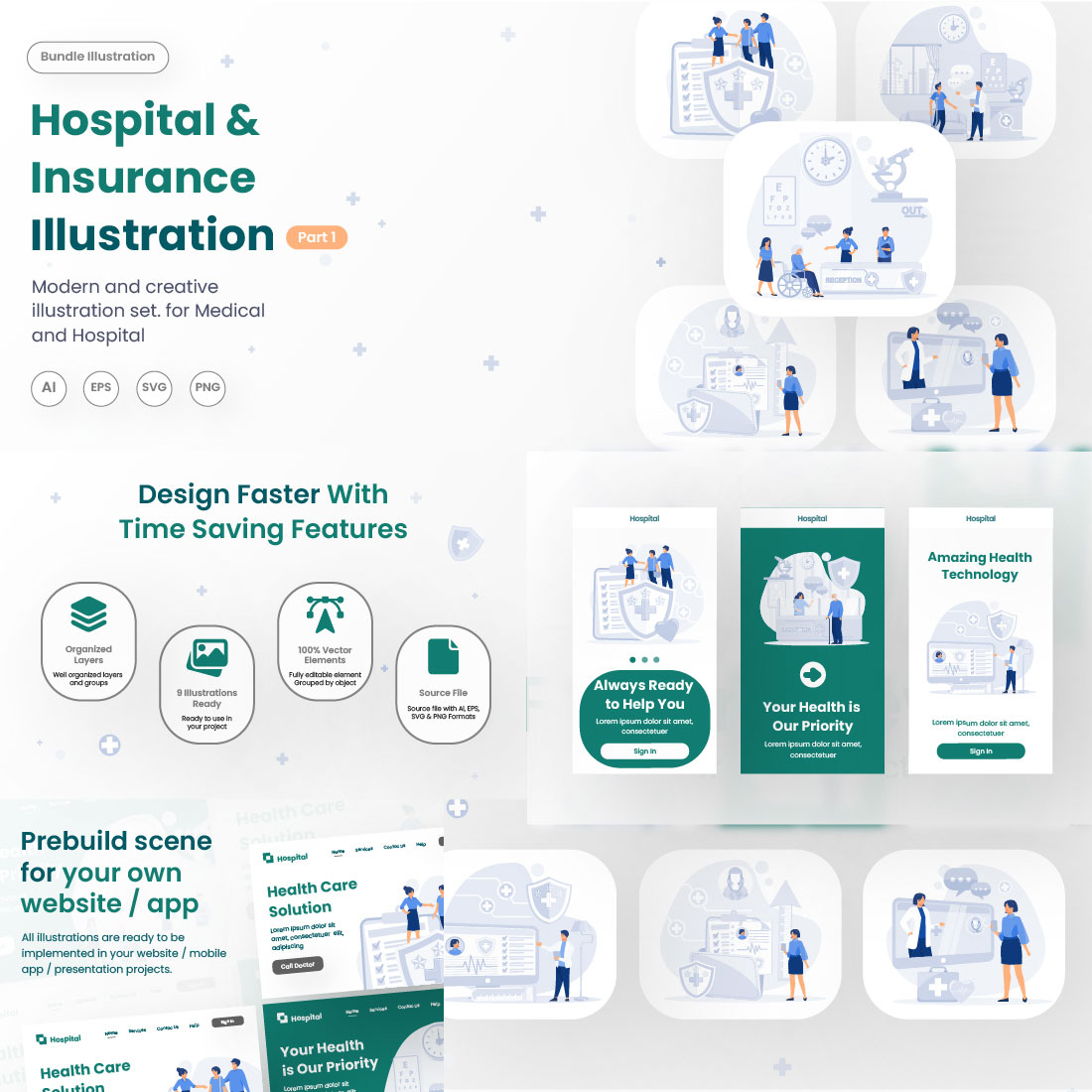 Hospital & Insurance Illustration Package preview image.