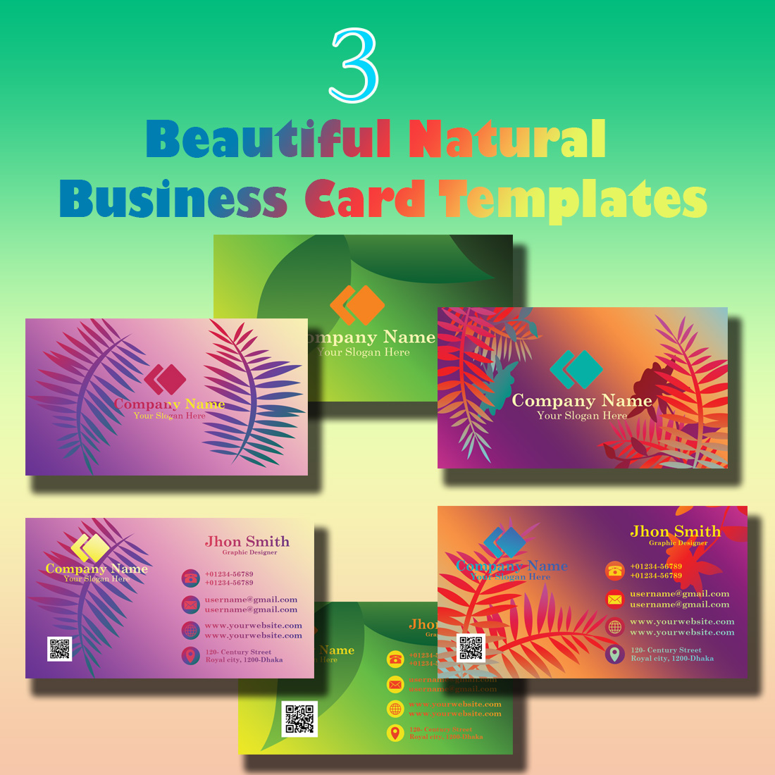 3 Natural & Leaf Design Business Card Templates preview image.