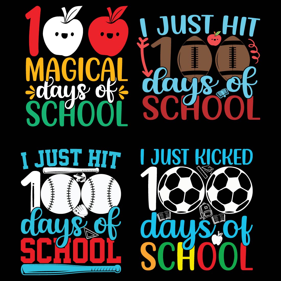 4 Typography 100 Days of School SVG Bundle T-shirt Design Vector Template cover image.