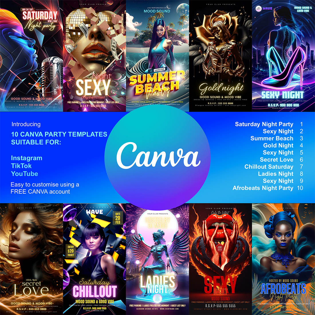 10 Canva Party Templates for Instagram, TikTok and Youtube Promotion cover image.
