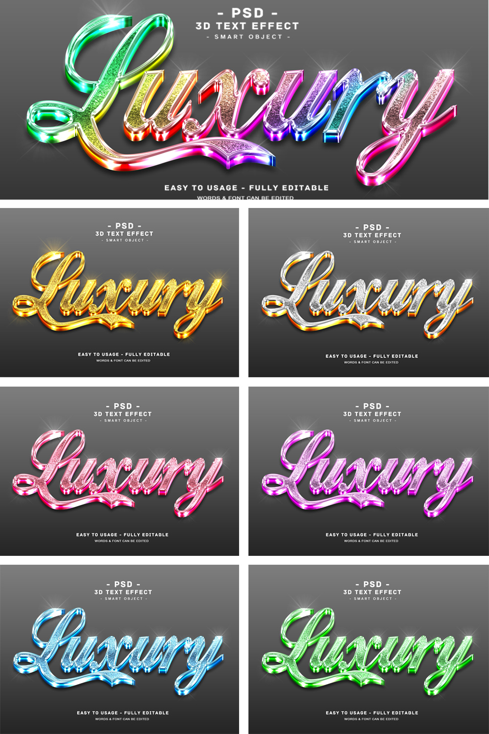 10 Pack 3d Luxury Text Effect Glitter Colors Style for Photoshop pinterest preview image.