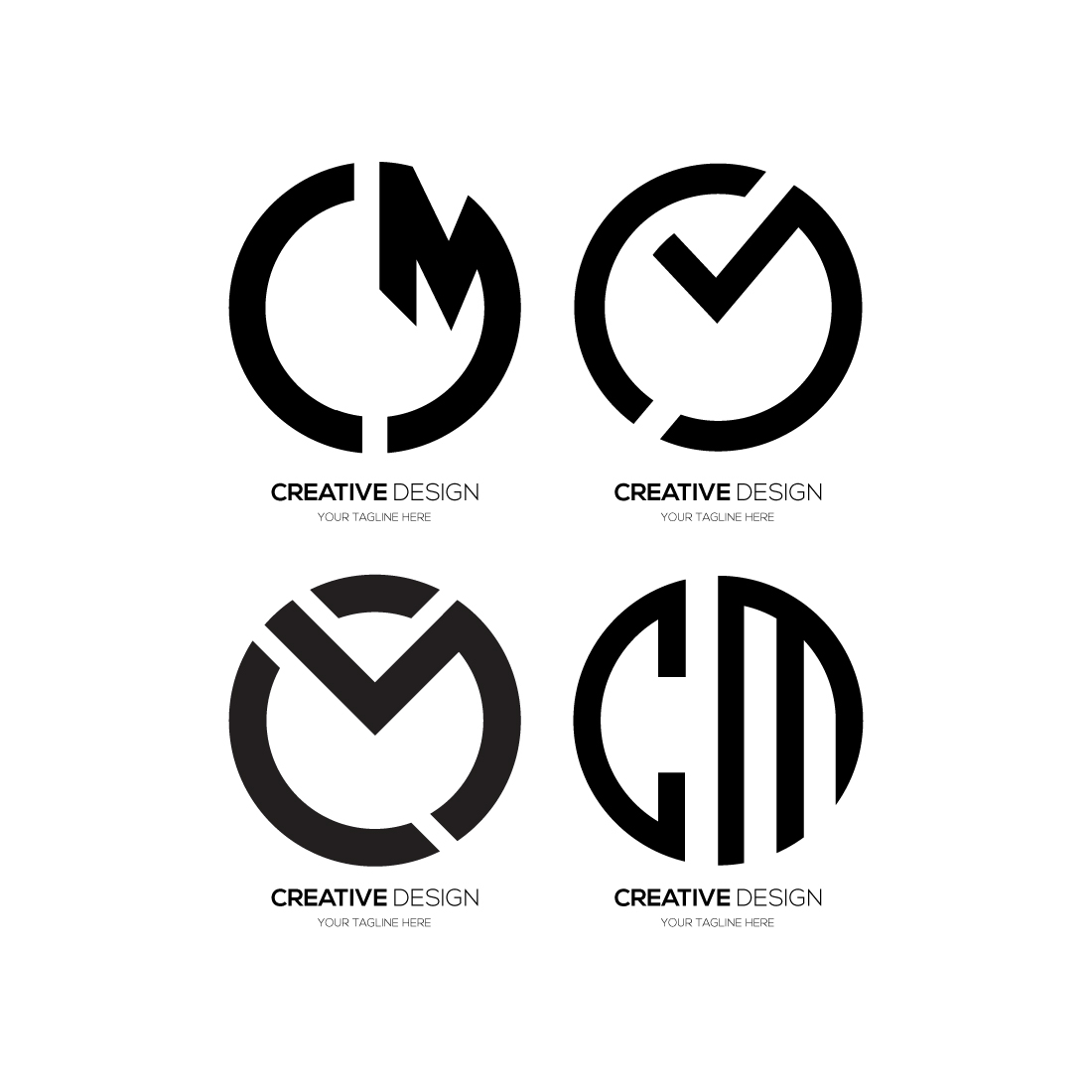 Set of letter CM rounded shape logo design concept isolated on balck White background cover image.