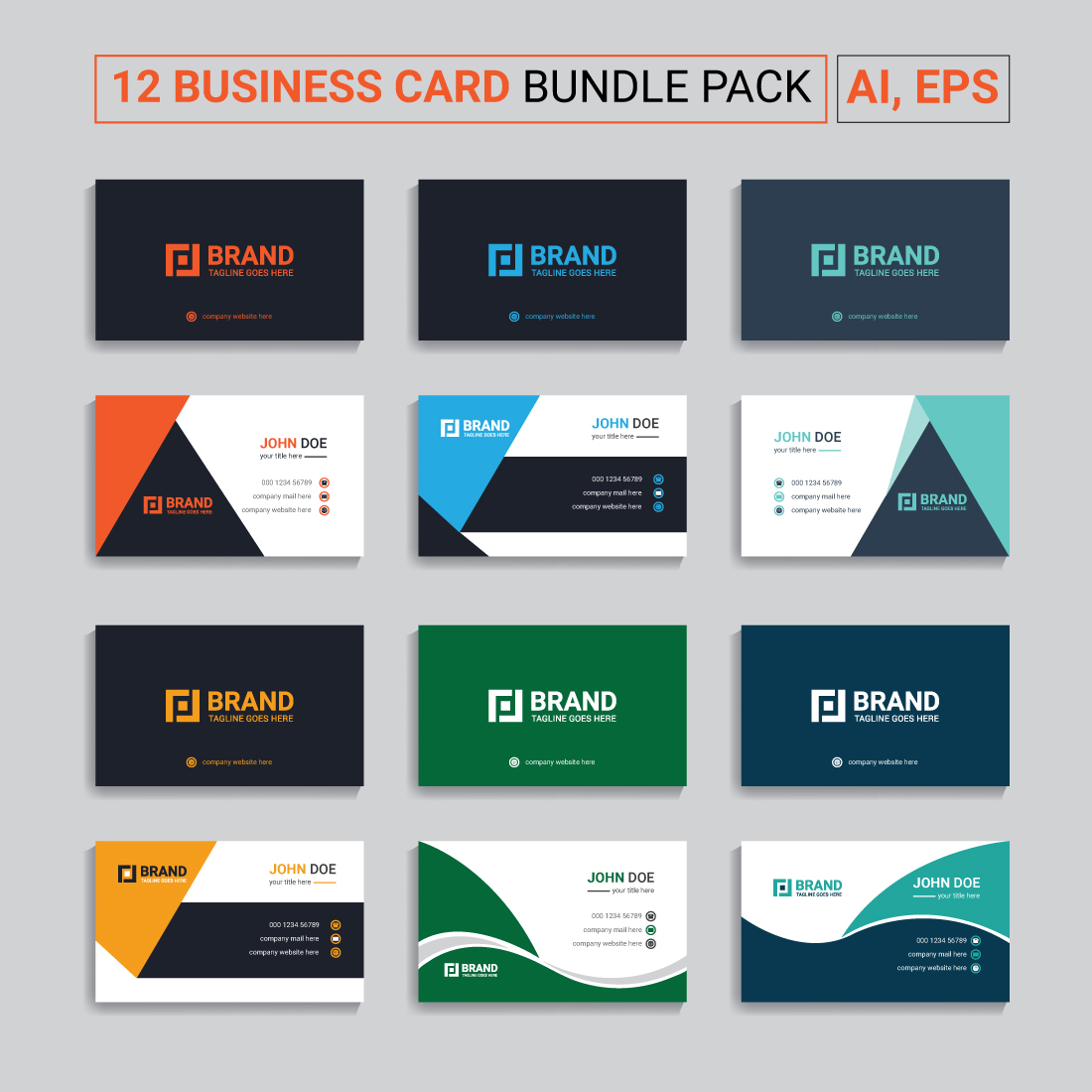 Double sided 12 Business card template bundle pack preview image.