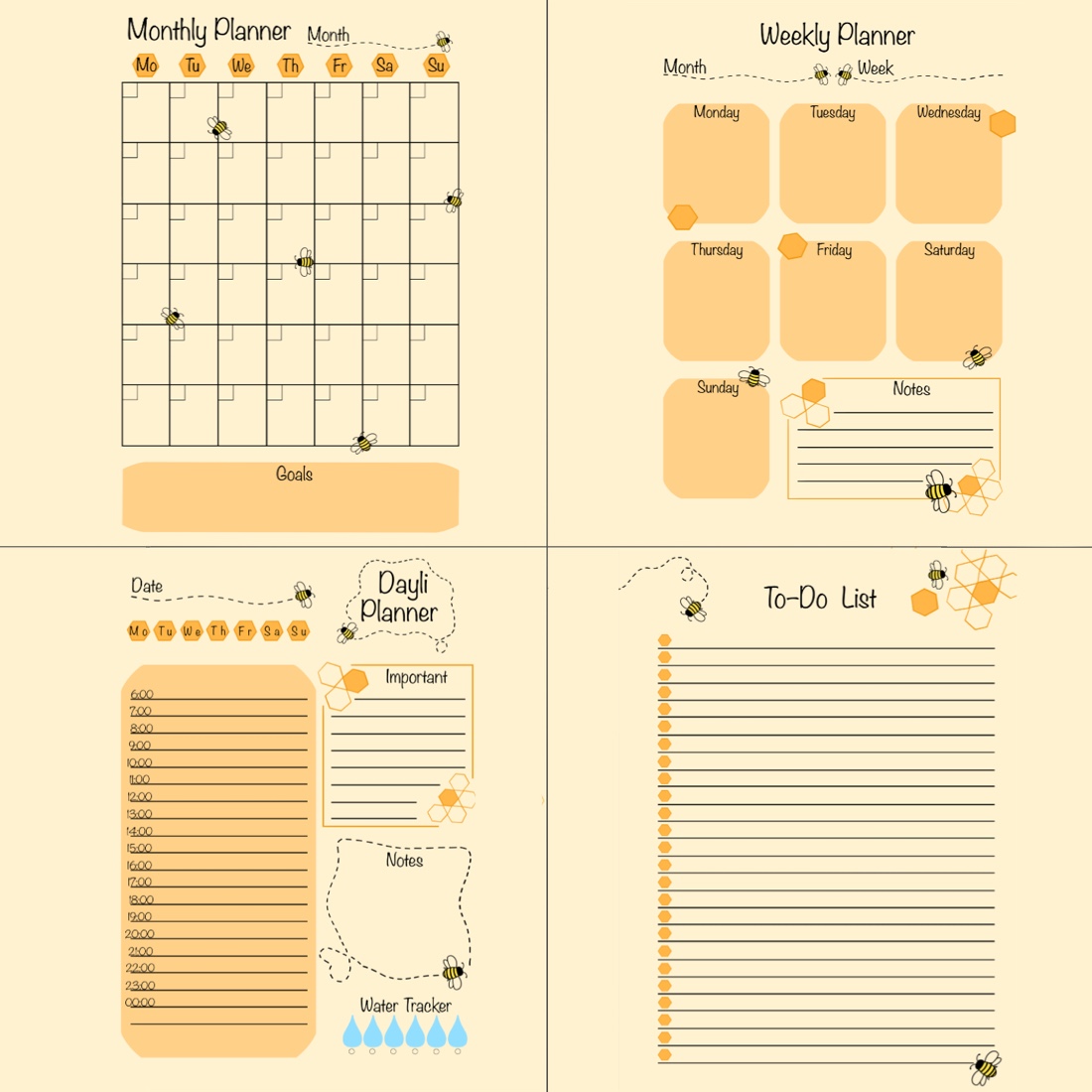 Bee Honey Printable Planner Page preview image.