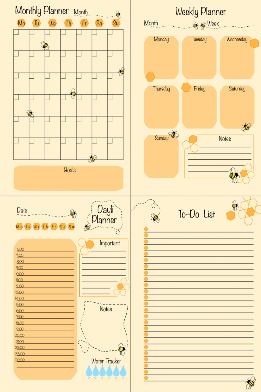 Bee Honey Printable Planner Page pinterest preview image.