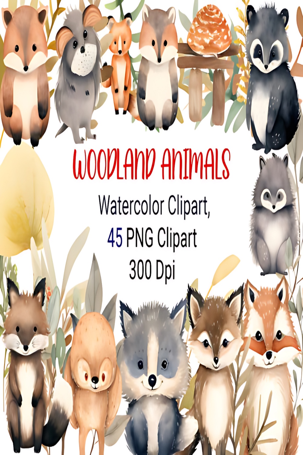 Woodland Animals WaterColor Clipart pinterest preview image.