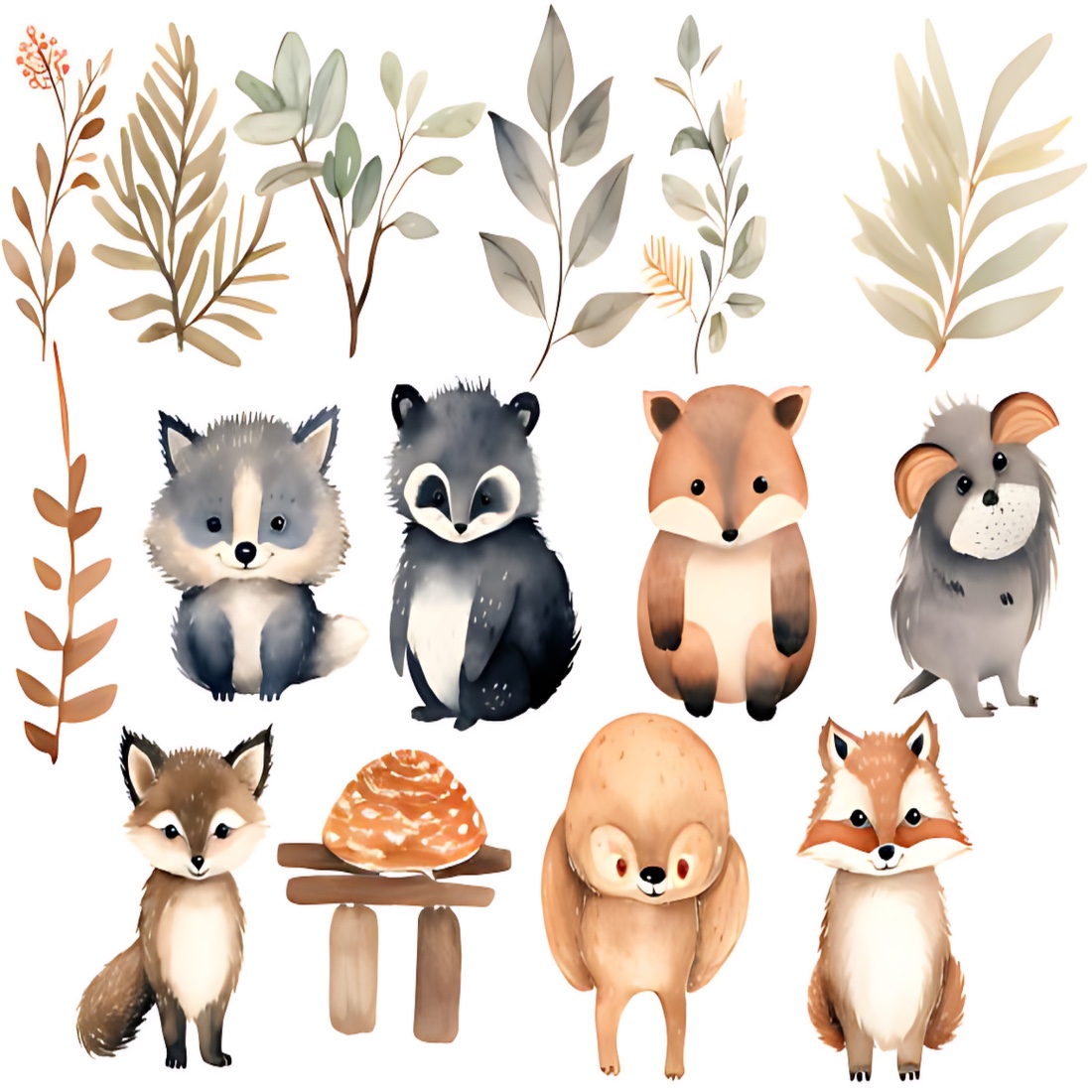 Woodland Animals WaterColor Clipart preview image.