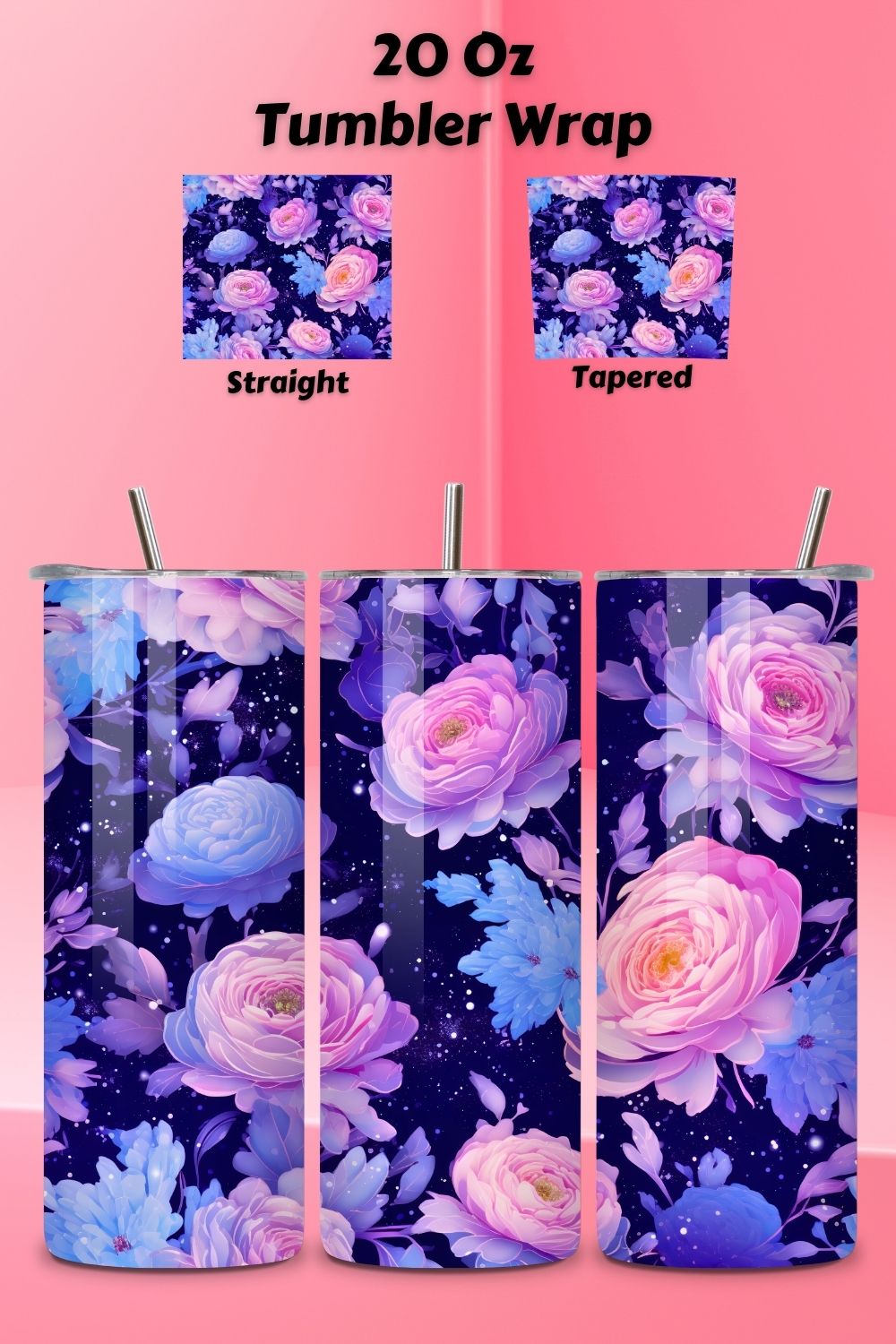 3D Floral Mirage Tumbler Wrap, Seamless Night Sky PNG, 20 oz skinny tumbler, butterfly tumbler, designs downloads, digital download, floral tumbler png pinterest preview image.