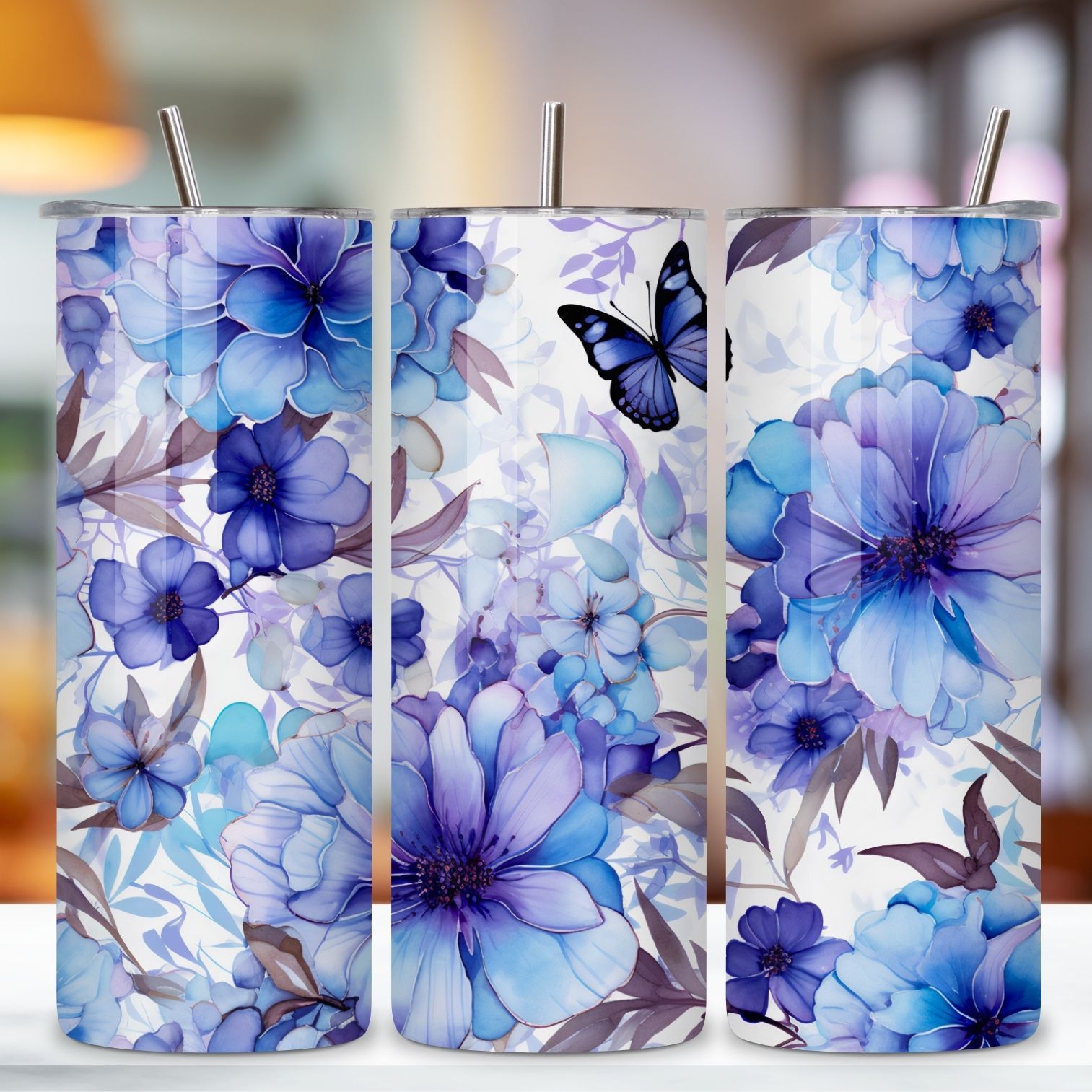 3D Flowers & Blue Butterflies 20 oz Skinny Tumbler Wrap-3D, 3d tumbler design, 3d tumbler png, 3d tumbler wrap, butterfly tumbler preview image.