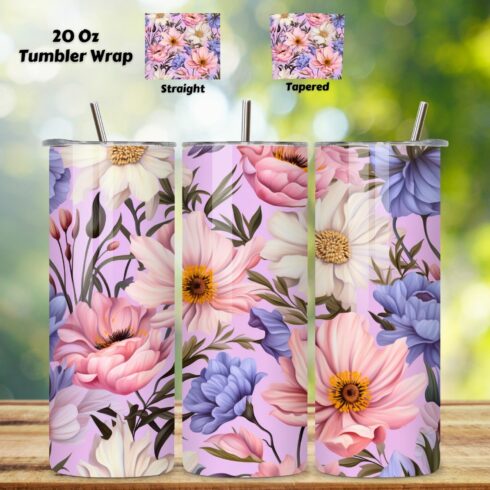 3D Wildflowers Tumbler Wrap | Seamless spring floral, Rainbow vibrant glitter Floral Tumbler Wrap, Sublimation Design, 20 oz Skinny Tumbler, Groovy Flower cover image.