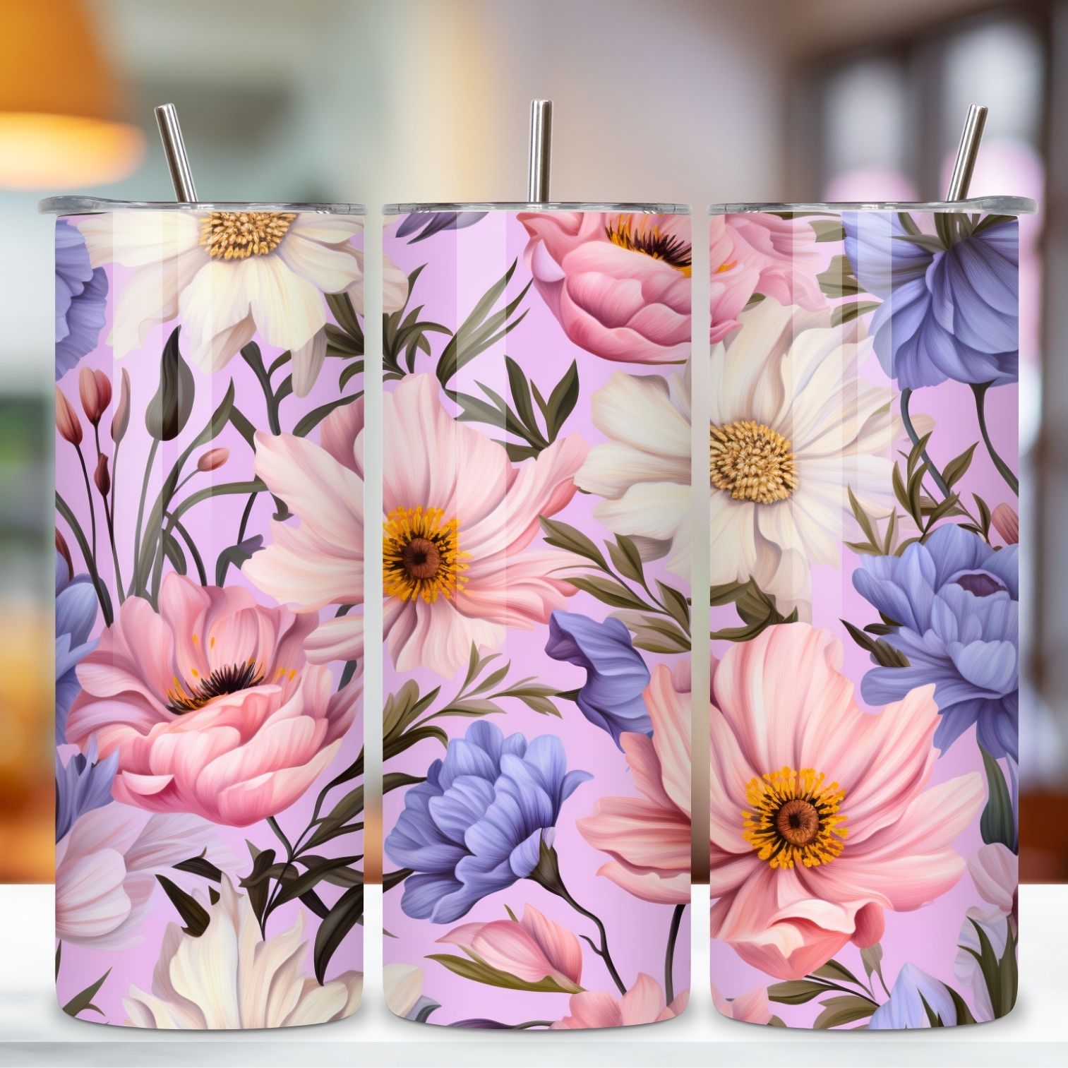 3D Wildflowers Tumbler Wrap | Seamless spring floral, Rainbow vibrant glitter Floral Tumbler Wrap, Sublimation Design, 20 oz Skinny Tumbler, Groovy Flower preview image.