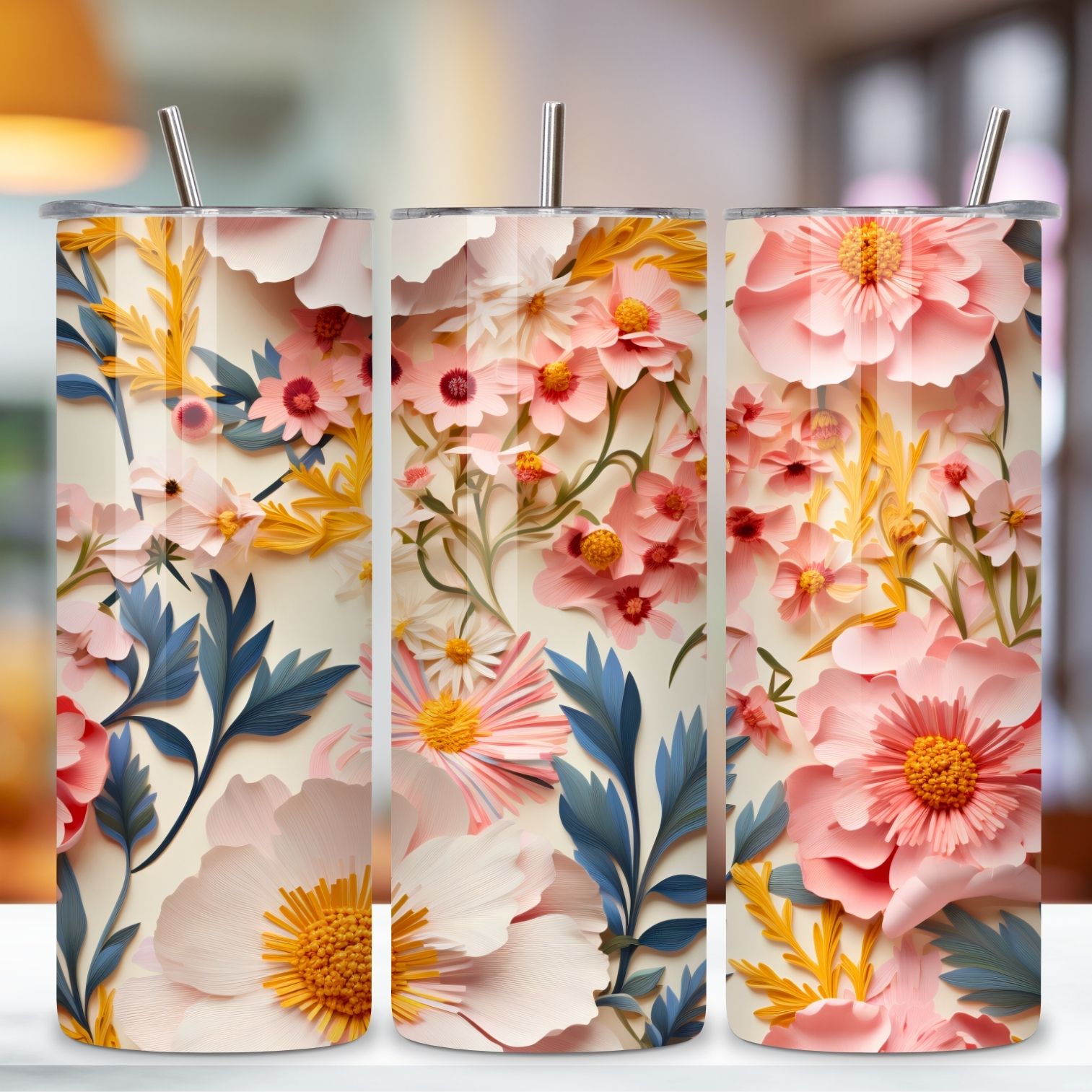 3D Wildflowers in Spring Tumbler Wrap | Seamless Wrap Design, Rainbow vibrant glitter Floral Tumbler Wrap, Sublimation Design, 20 oz Skinny Tumbler, Groovy Flower preview image.