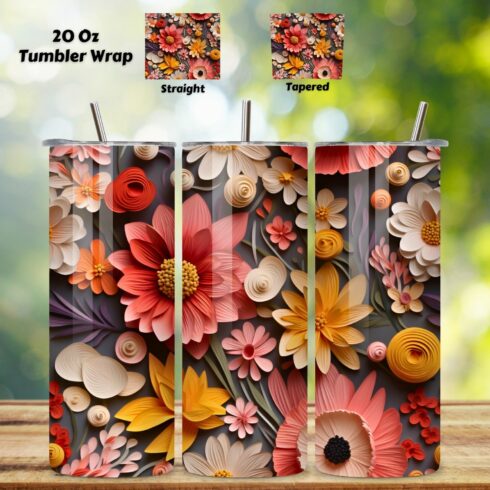 3D Wildflowers Tumbler Wrap | Seamless Wrap Design, spring, Rainbow vibrant glitter Floral Tumbler Wrap, Sublimation Design, 20 oz Skinny Tumbler, Groovy Flower cover image.
